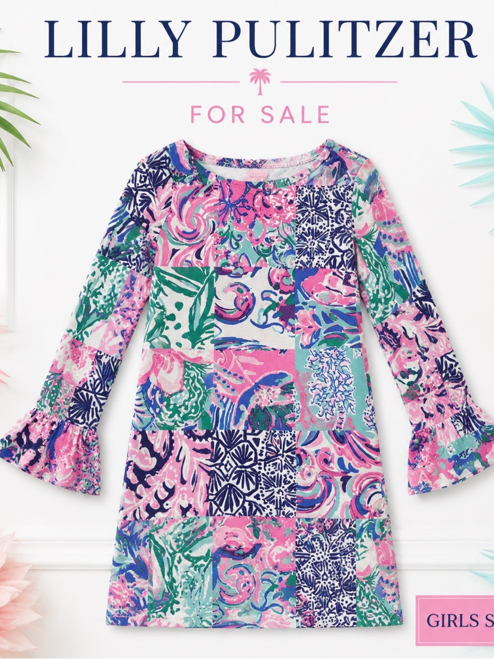 Lilly Pulitzer Girls Pink, Green & Blue Patchwork Print Bell-Sleeve Dress